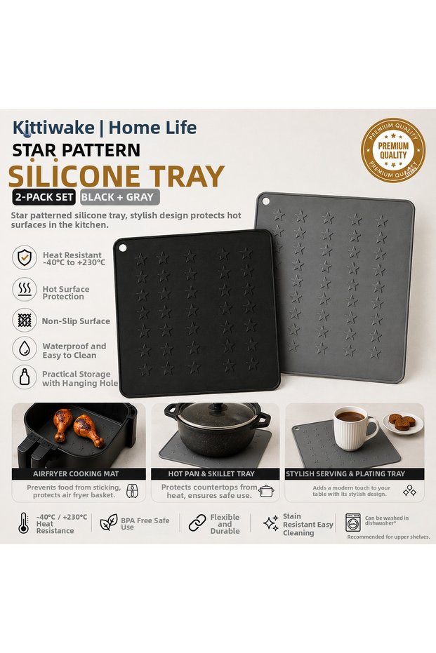 Set of 2 Black and Gray Silicone Trivets 16X16 cm – Hot Pot and Pan Mat Table Countertop Protector