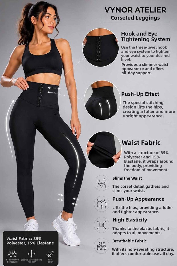 Women's Black Corset Leggings High Waist Gathering Push up Stretchy Sports Leggings with Clasp