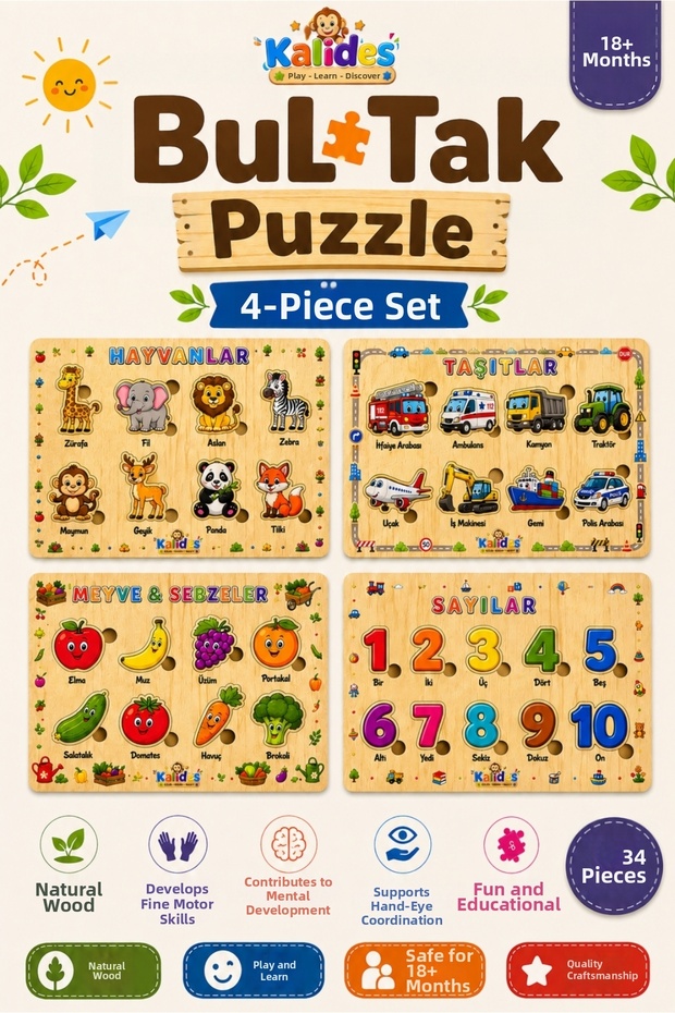 Wooden Turkish Set of 4 Educational-Learning Find and Match Puzzle | Bultak Puzzle | Montessori Attention and Matching Game