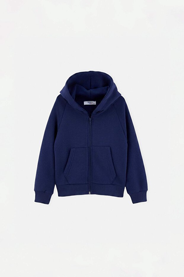 Navy Blue Girls' Hooded Plain Knitted Sweatshirt Tkdaw27Sw00003