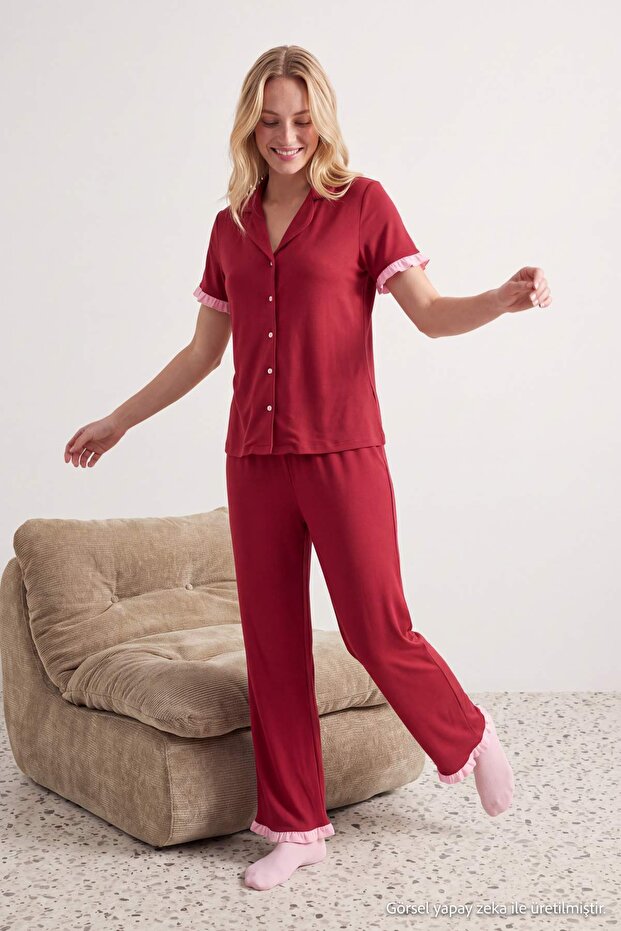 Bordo-Pembe %100 Pamuklu Fırfır Detaylı Örme Pijama Takımı THMSS24PT00223