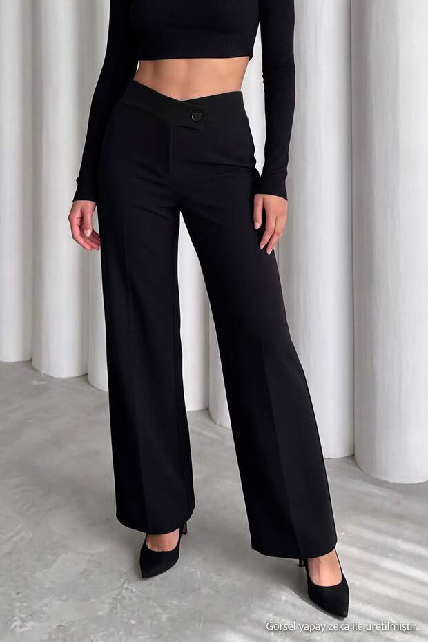 Siyah V Bel Flare Kumaş Pantolon TWOAW27PL00034