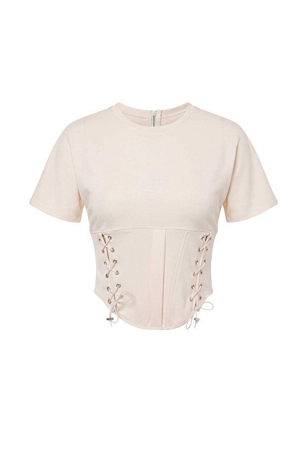 Taş Belden Oturtmalı Korse Detaylı Crop/Kısa Örme Bluz TWOAW27BZ00345