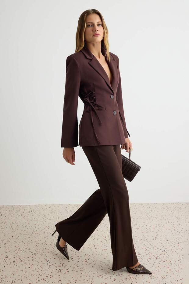 Brown Side-Tie Woven Fitted Blazer Jacket Twoaw27Bc00044