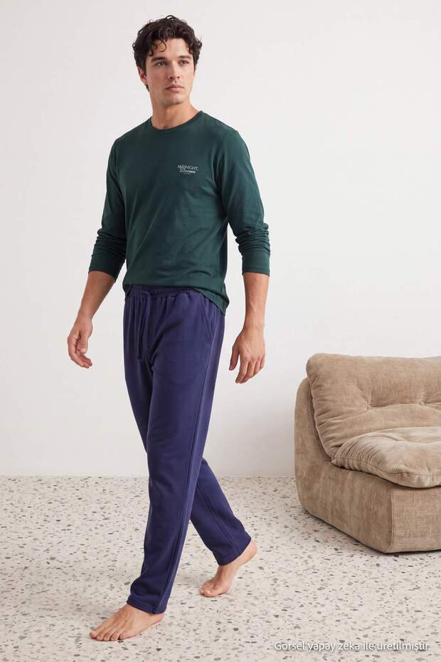 Green-Navy Blue Regular Slogan Printed Knitted Pajama Set Tmnaw27Pt00019