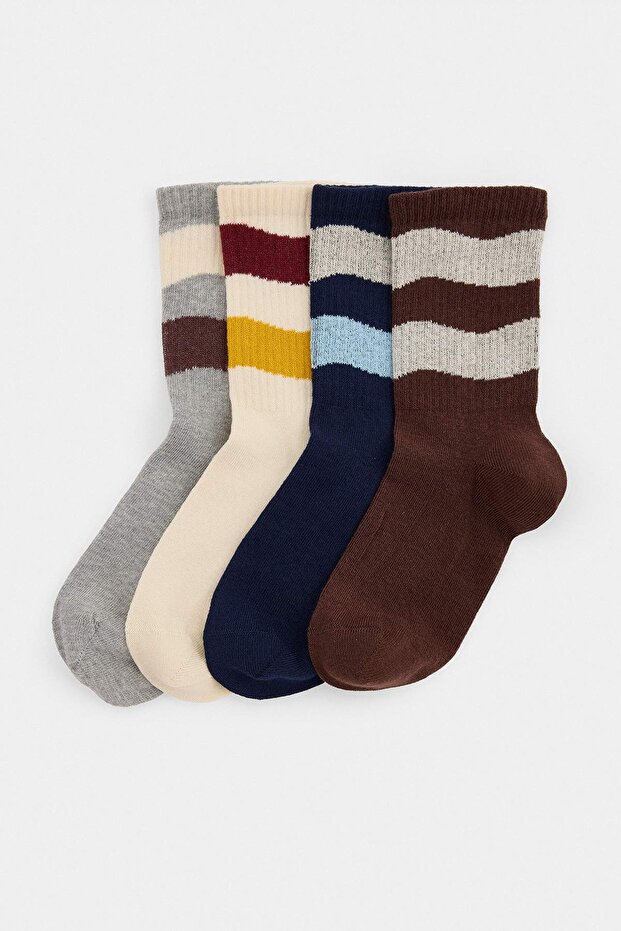 Ecru-Brown 3-Piece Striped Jacquard Knitted Socks Thmaw27Co00020