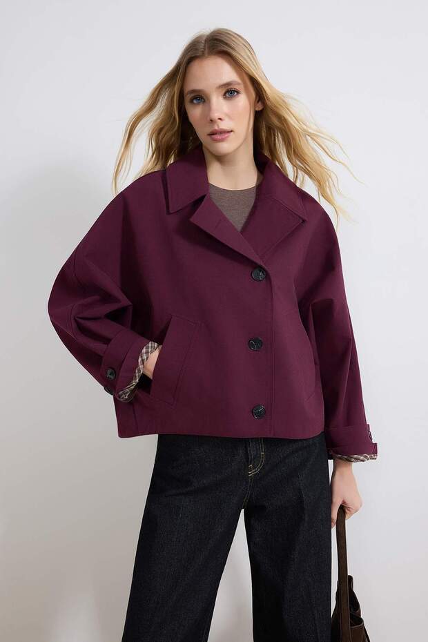 Plum Patterned Lined Soft Buttoned Oversize Short Coat Twoss26Mo00013