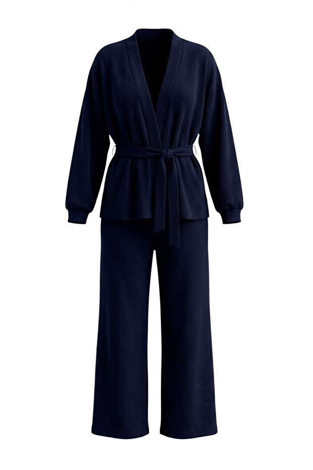 Lacivert Kuşaklı Sabahlık-Pantolon Örme Büyük Beden Pijama Takımı TBBAW27AI00035