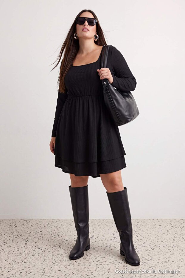 Siyah Kare Yaka Skater/Belden Açılan Bürümcük Örme Büyük Beden Elbise TBBAW26AH00089