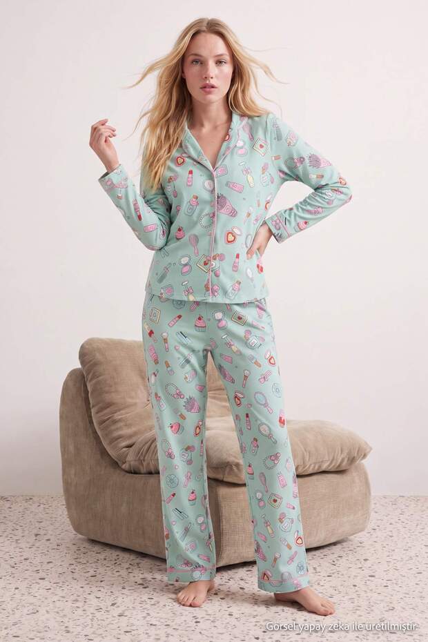 Turkuaz %100 Pamuklu Biyeli Eğlence Desenli Örme Pijama Takımı THMAW27PT00100