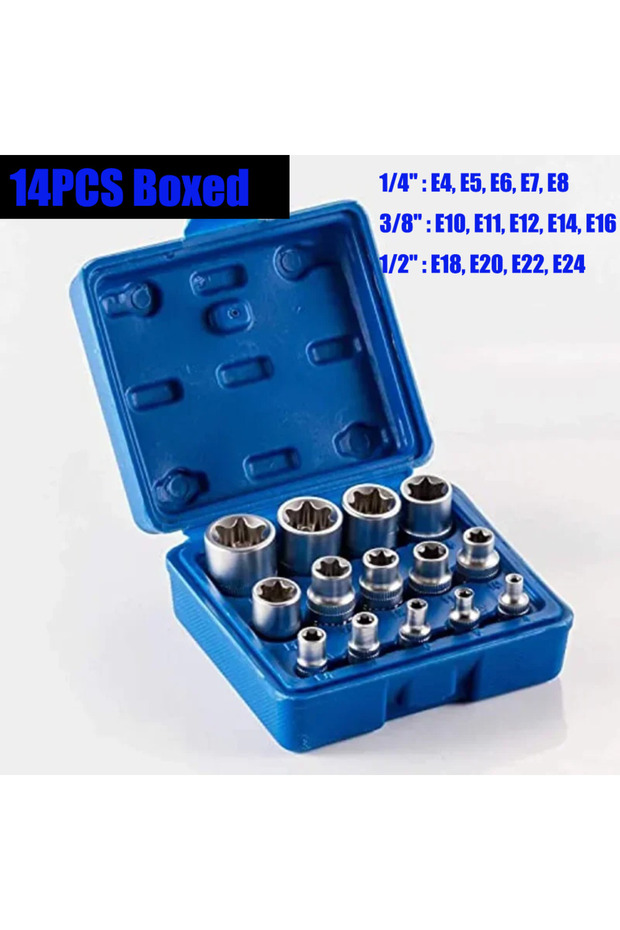 14PCS Set Blue Boxed Female E-Torx Star Socket Set with Case 1/4, 3/8, 1/2 in. Drive External Star S