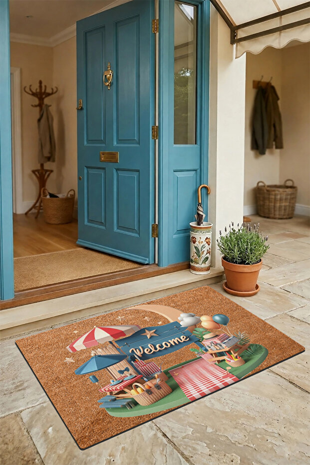 Door Mat 45X70Cm Non-Slip Base Decorative Indoor Outdoor Moon and Picnic Themed