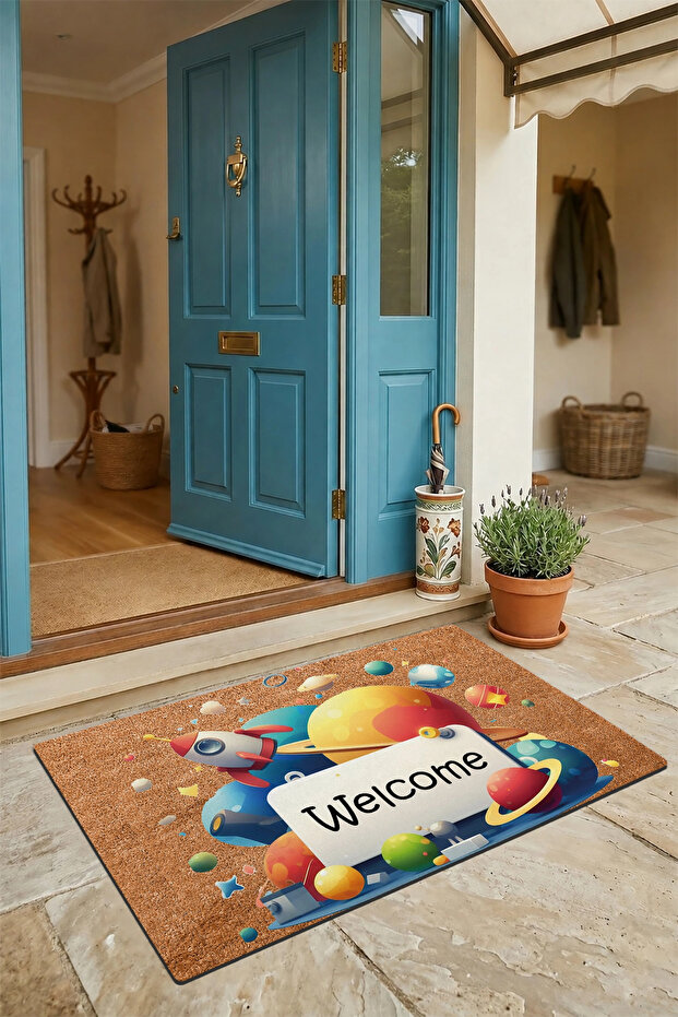 Door Mat 45X70Cm Non-Slip Base Decorative Indoor Outdoor Planet and Rocket