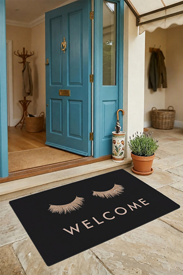 "Welcome, Please Come In, Eyes On You, Black Eyelash Door Mat 45x70cm"