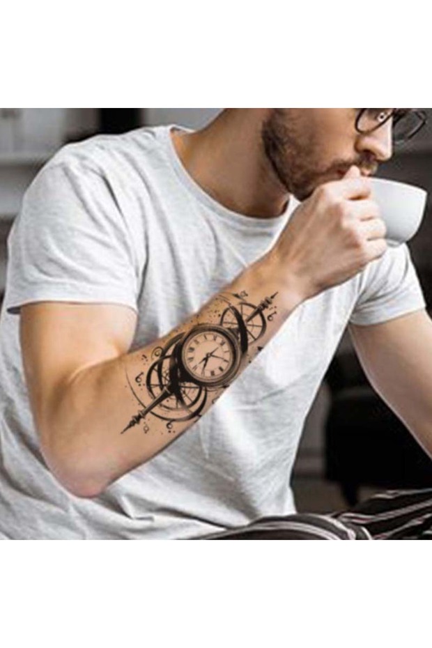 Long-lasting Waterproof Temporary Tattoo Stickers Simulated Non-Reflective Time Pendulum Clock Patte