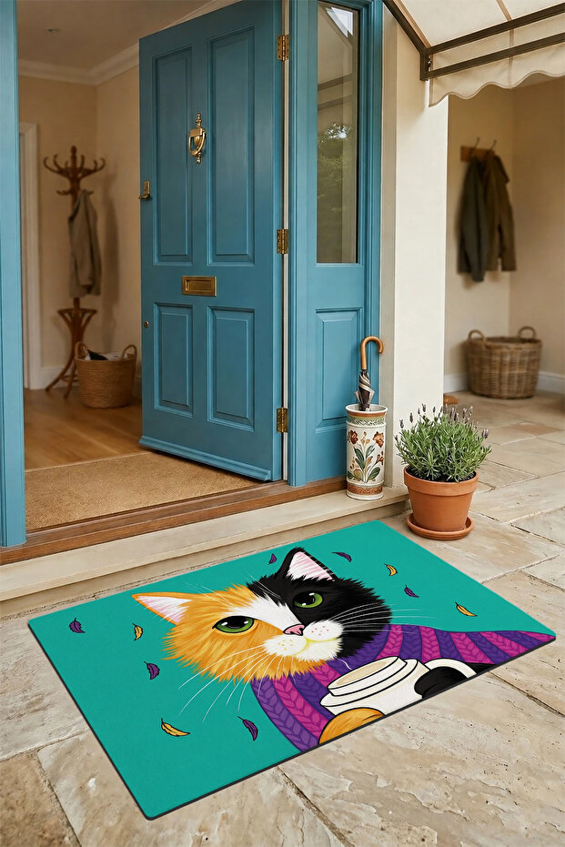 Coffee Dreamy Relaxed Cat Green Welcome Doormat 45X70Cm