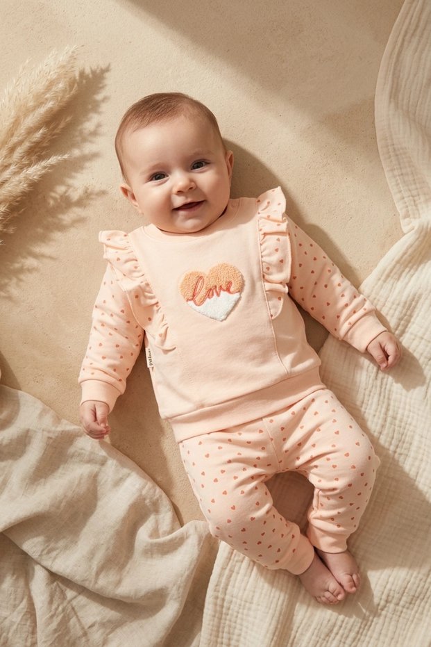 Baby Girl Ruffle Heart Embroidered 2-Piece Set - 100% Cotton Salmon Sweatshirt and Patterned Leggings Combination