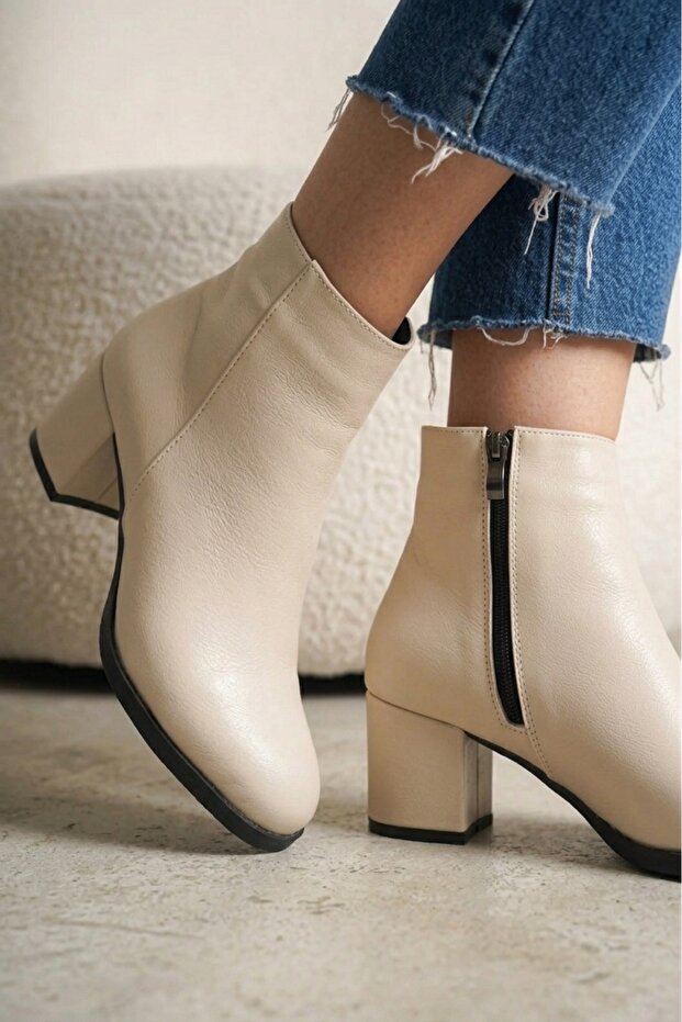 Women's Liva Beige Skin Flat Heeled Short Boots
