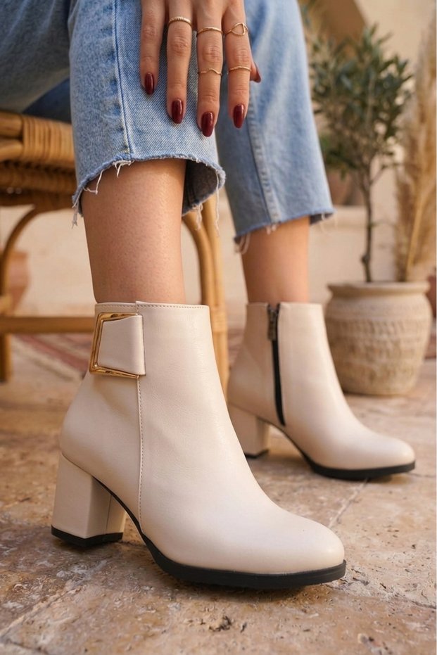 Women's Athens Beige Skin Buckle Detailed Heeled Short Boots