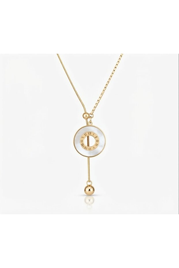 Roman Numeral Detailed Pearlescent Elevator Steel Necklace - Y Necklace