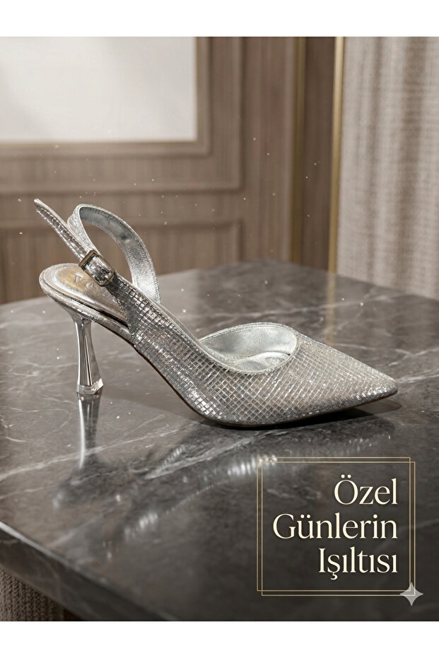 Women's Silvery Pattern Pointed Toe Medium Heel Evening Dress Shoes Imported Material Top Quality