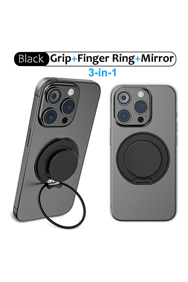 حامل هاتف مغناطيسي أسود عادي من Grippopso مزود بمقبس مرآة مدمج لحامل MagSafe Grip،