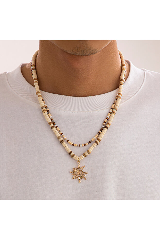 Men Chain Ingemark 2Pcs/Set Boho Seed Beads Wooden Chain Necklace for Men Collar Goth Sunflower Pend