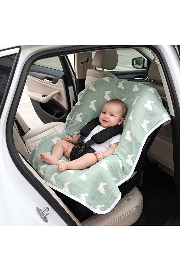 100% Cotton Muslin Stroller & Car Seat Cover - Mono Lapin Matcha Green