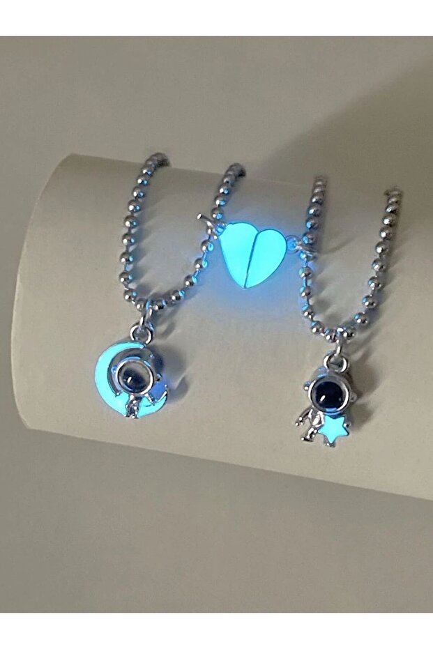 Silver 50cm WZK2267 2 Pieces/Set Luminous Heart Luminous Starmoon Projection Astronaut Steel Bead Ch