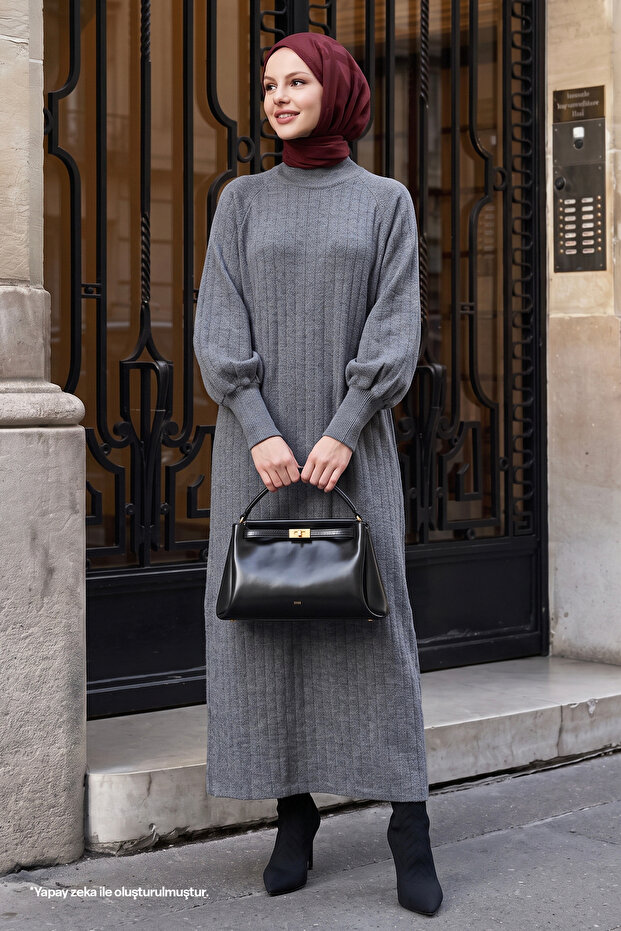 Long Balloon Sleeve Smoke Knit Dress