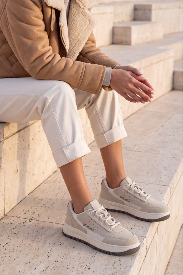 Women's Sneaker High Sole Sports Shoes Loske Beige Suede