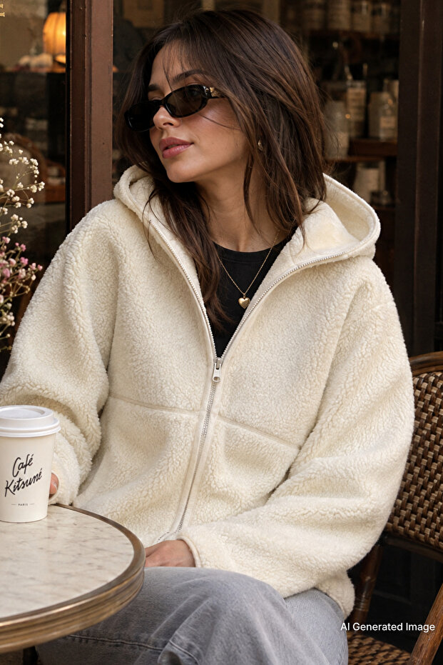 Ecru Zippered Hooded Fleece Women's Jacket Mg2569