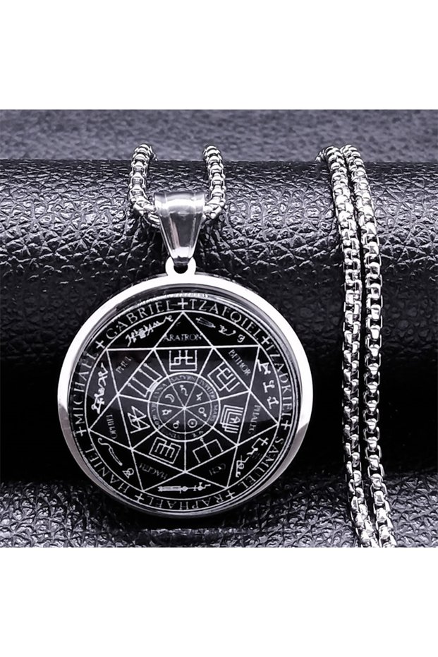 A 50cm BOX SR Seal of Seven Archangels Medal Stainless Steel Glass Necklace Seal of Solomon Talisman