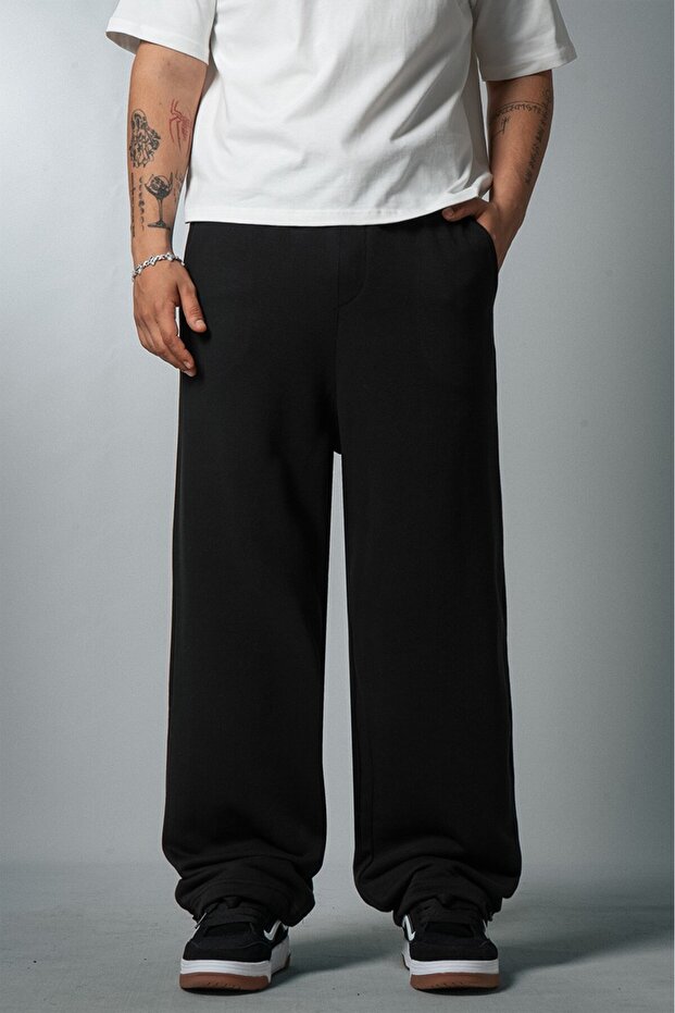 Black Raw Wide Leg Men's Sweatpants with Stopper Summer Sweatpants