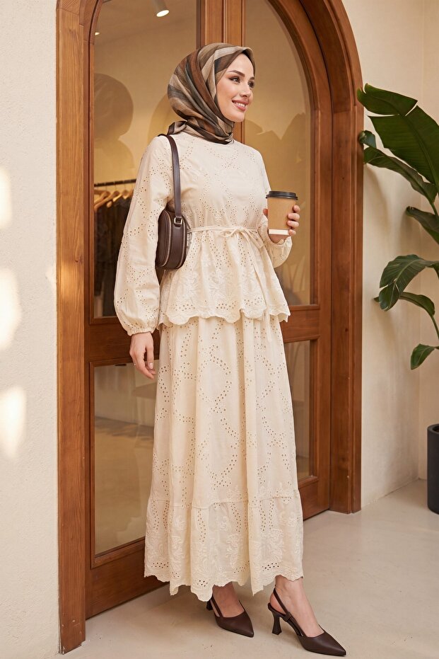 Elastic Sleeves, Belted, Scalloped Lined Linen Look Suit - Beige