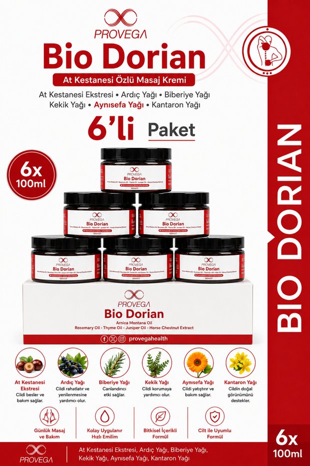 (Pack of 6) Bio Dorian 100% Natural Horse Chestnut Extract Body Care Cream 6-Pack Advantage Pack - 100ml - Daily Massage and Support Cream for the Waist and Neck Area