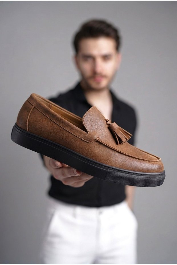 Zrj153 High Quality Laceless Tasseled Men's Loafer Classic Shoes - Tan Black