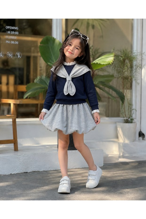 Girl's Suit with Shawl Collar and Balloon Skirt - Navy Blue