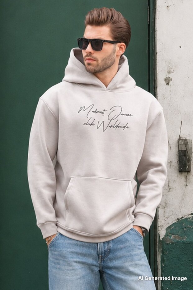 Painted Gray Hooded Pocket Detailed Printed Men's Sweatshirt 7064