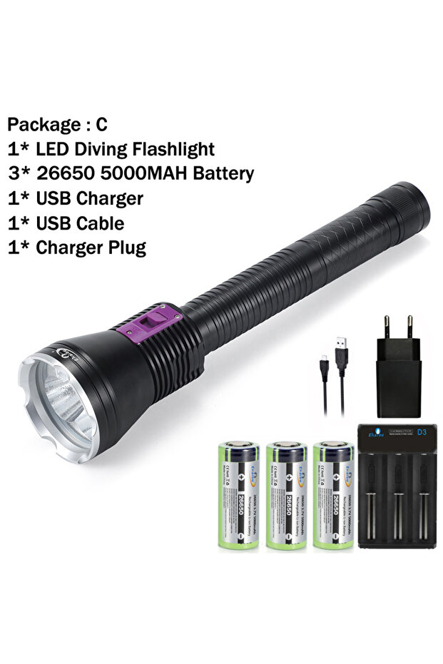 Lithium ion White light Package C New High Power 3xXHP70 LED Strong Light Diving Flashlight IP68 Pro