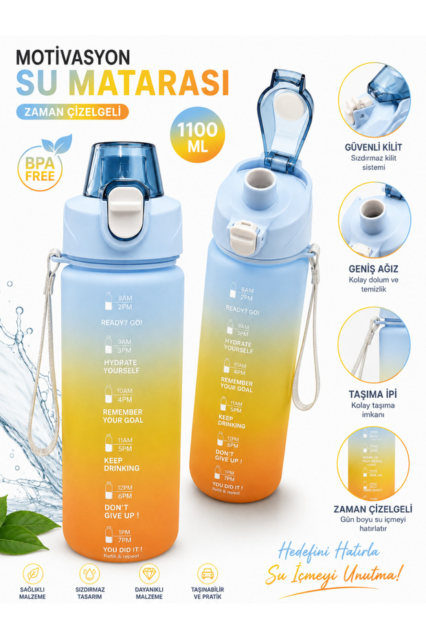Motivational Water Bottle 1100 ml with Time Schedule, Leak-Proof, Lockable Carrying Strap, Sports Bottle