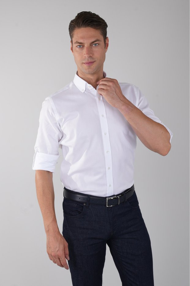 White Regular Fit Cotton Buttoned Pascha Collar Shirt