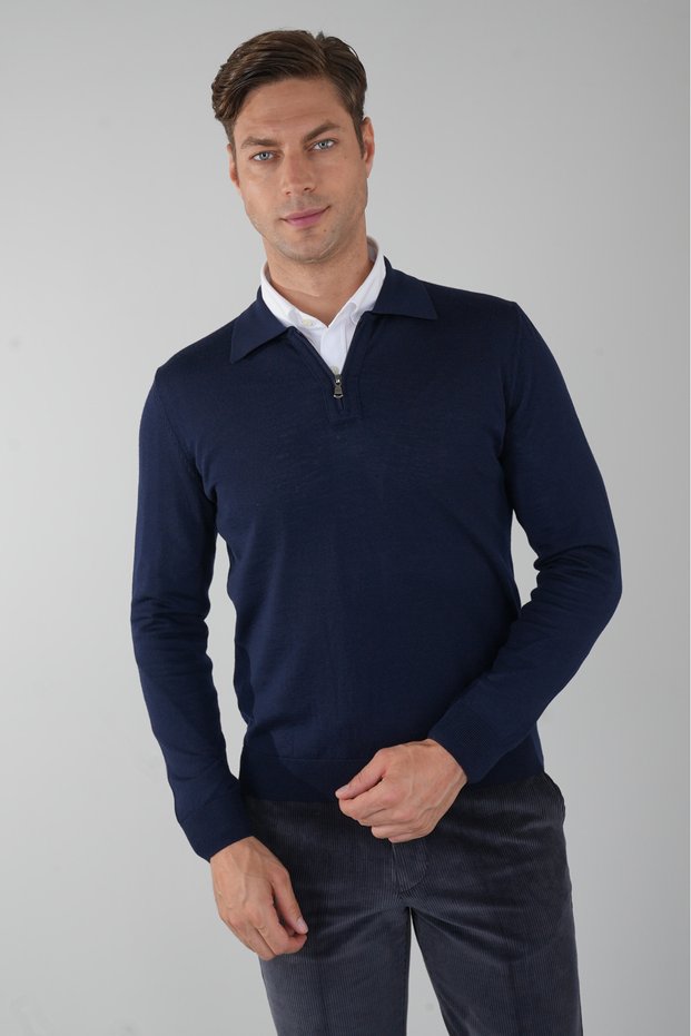 Navy Blue Regular Fit Wool Polo Collar Zipper Detailed Knitwear