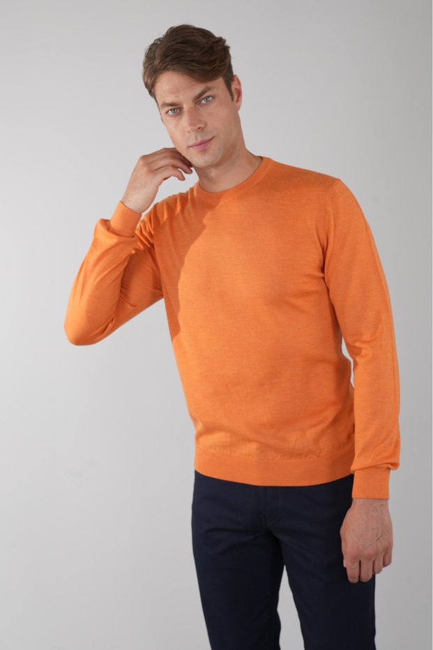 Men's Orange Crew Neck Wool Knitwear