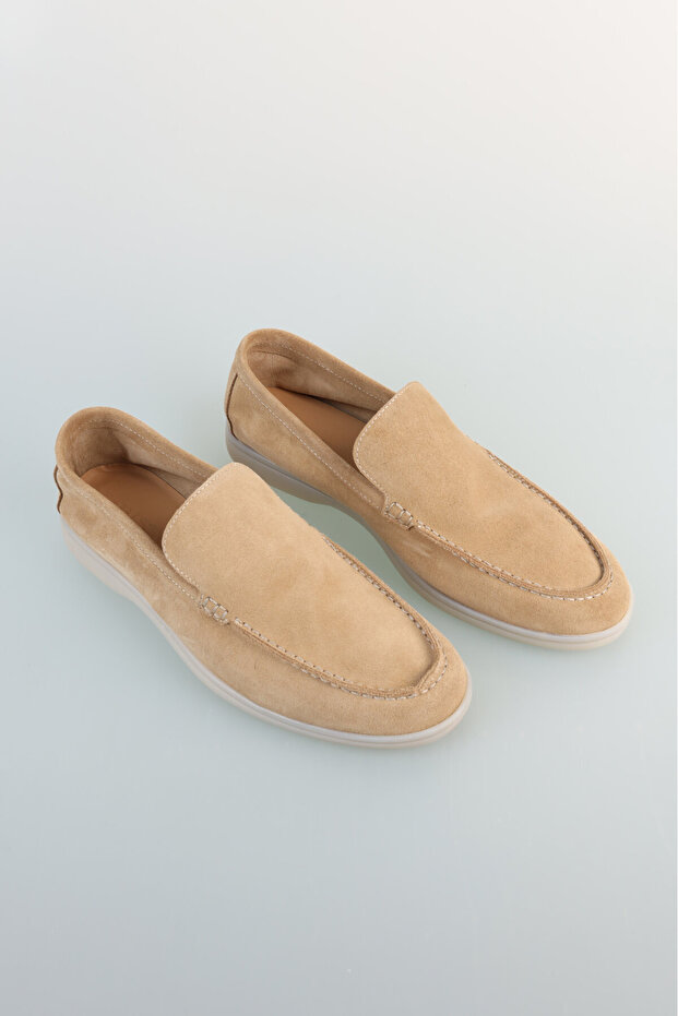 Beige Leather Suede Loafer Shoes