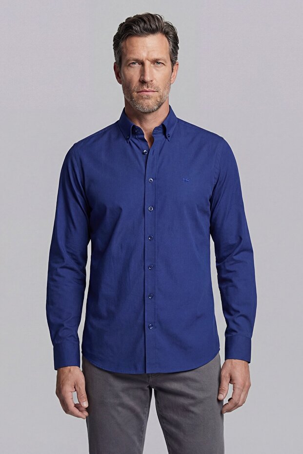 Navy Blue Regular Fit Pocketless Long Pasha Collar Shirt