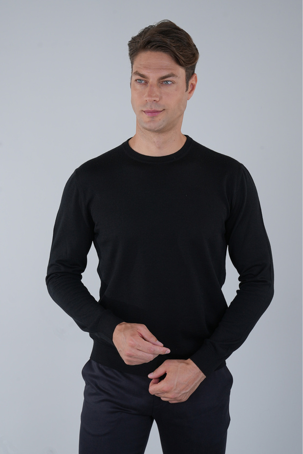 Black Regular Fit Wool Crew Neck Knitwear