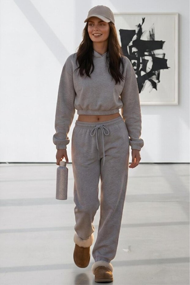 Women's Gray Crop Set Hooded Three Thread Fleece Tracksuit Set