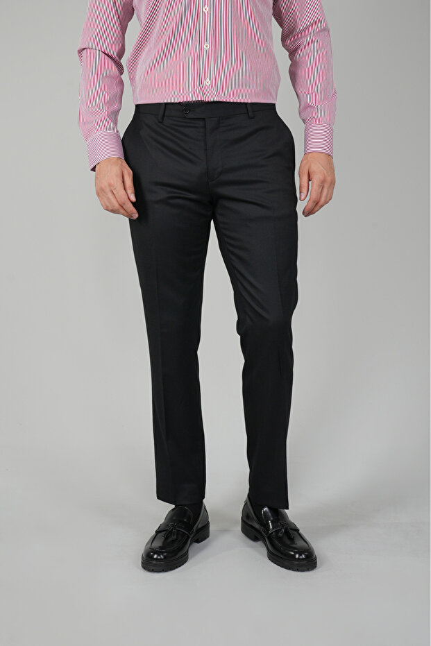 Black Wool Flannel Regular Fit Classic Men's Trousers
