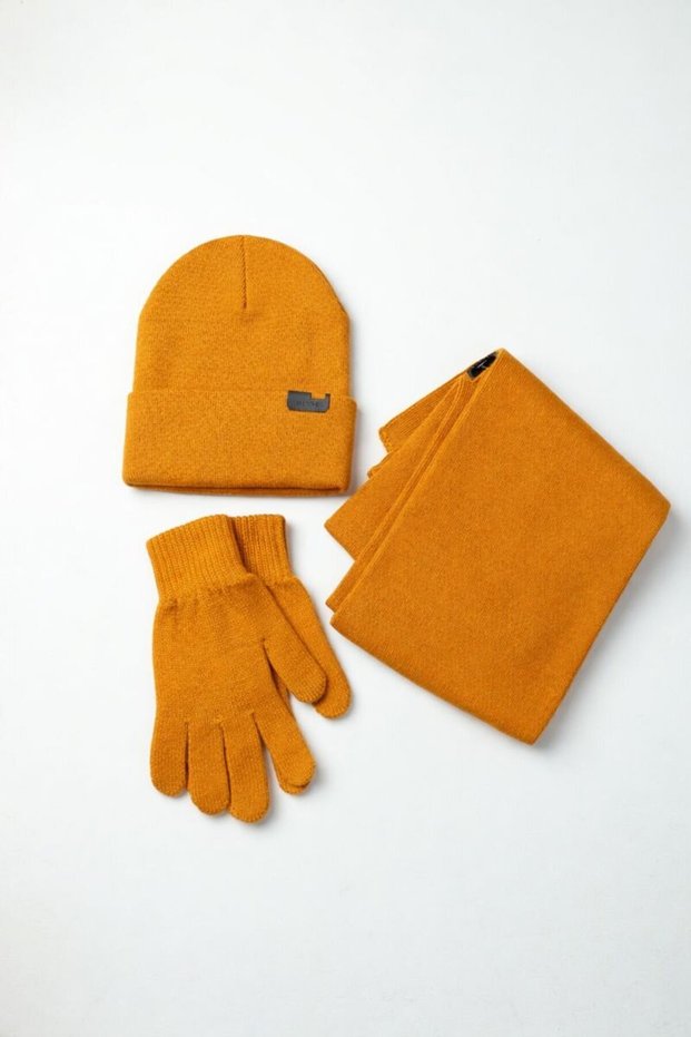 Mustard Acrylic Kaşkol Beret Set Glove Set